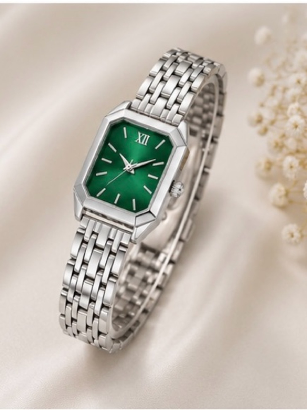 Women’s Silver Rectangle Watch with Green Dial | Elegant Quartz Bracelet Watch